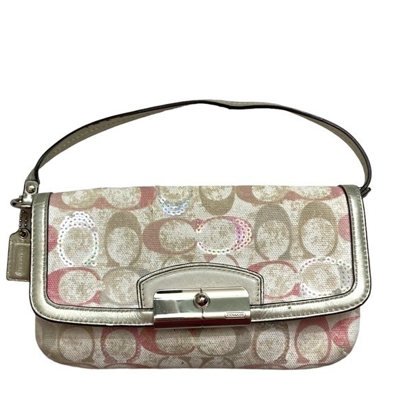 Coach Kirsten pink cream silver sequined mini bag convertible wristlet - Picture 1 of 16